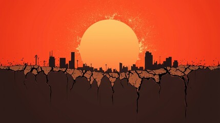 Fototapeta premium Dramatic sunset over cracked earth urban landscape digital art dystopian theme wide view environmental awareness