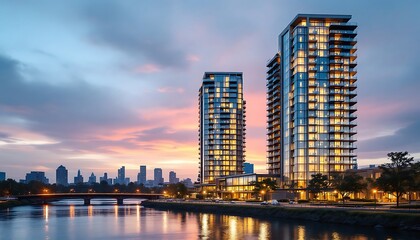 Naklejka premium Modern Cityscape at Sunset Two High Rise Buildings on Riverfront