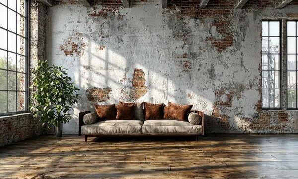 A modern loft interior features a sofa, plant, windows, and distressed brick and whitewashed walls.