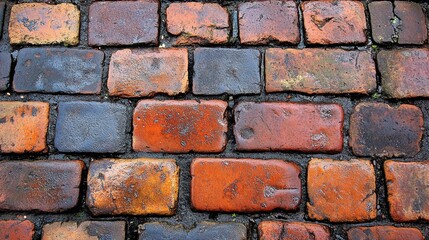 Obraz premium Close up of weathered brick wall and pavement featuring a prominent stop sign detail in urban setting