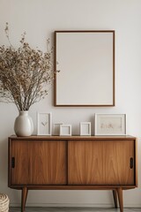 Modern minimalist living room decor featuring a wooden sideboard, framed artwork, and dried flower arrangement