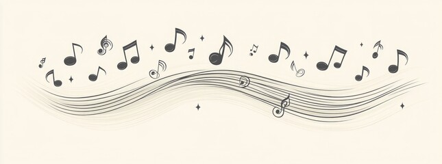 A series of musical notes are drawn in a wavy line. Vector music note on a dark blue background, vector illustration, white lines, musical elements