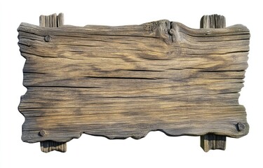 Weathered wooden sign.  Rustic, aged plank with natural wood grain and texture.  Simple, blank signboard.  Mounted with aged wooden supports