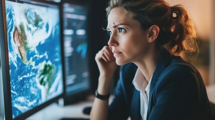 A focused woman analyzes data displayed on computer screens closely