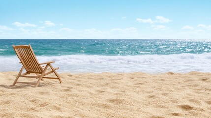 Fototapeta premium Sandy Beach with Wooden Chair and Ocean Waves Under Bright Sunlight