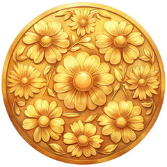 A circular golden relief featuring intricately detailed flowers and leaves arranged symmetrically.