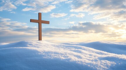Cross on a snowy hill in a serene landscape with a clear sky and winter scenery