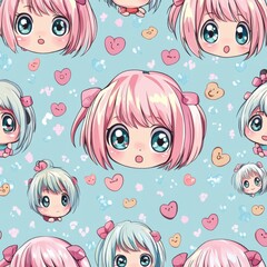 Anime Character Faces Seamless Pattern