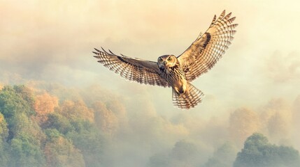 Fototapeta premium Bird flying over a forest while an artistic watercolor owl soars above a moonlit valley landscape