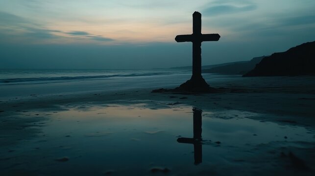 Beach Cross Silhouette with Reflection