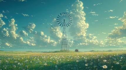 Windmill in a field of flowers with clear blue sky and grassy hill in a nostalgic anime style illustration
