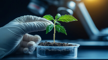 Close up of biologist's hand with protective gloves holding young plant with root above petri dish with soil. Microscope in background. Biotechnology plant care and protection concept. 