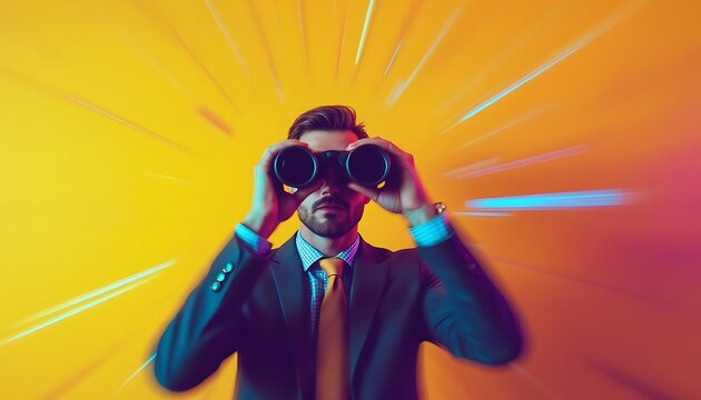 Businessman Looking Through Binoculars on Abstract Background Shows Vision and Foresight