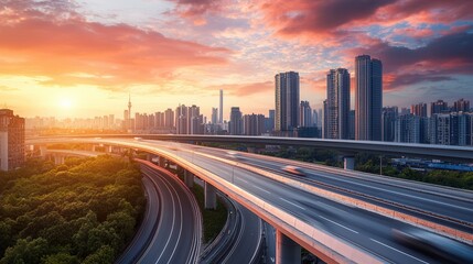 an ultra-modern bridge with sleek architectural lines and cutting-edge engineering, stretching over a bustling urban highway, set against a sunset-lit skyline. 