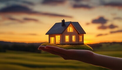 beautiful House in Hand at Sunset Symbol of Home and Hope on beautiful background
