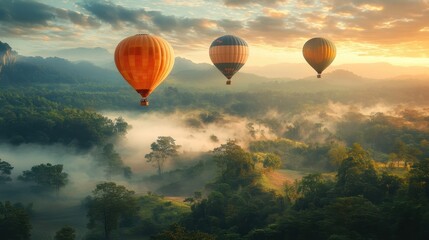 Fototapeta premium Group of colorful hot air balloons flying over lush green forest and scenic valley landscape under blue sky