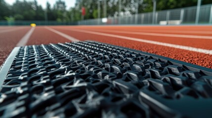 Obraz premium Close up view of track with textured black starting block
