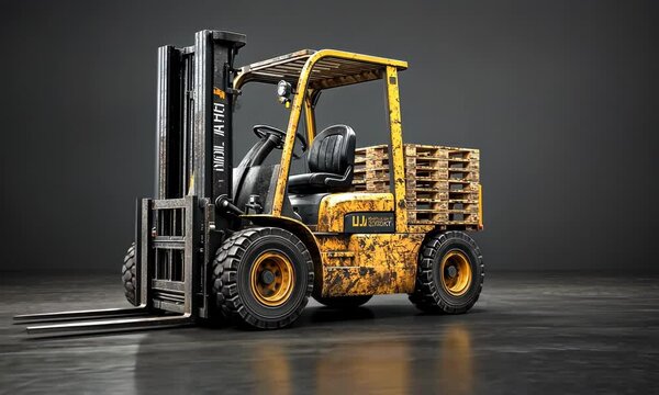 A weathered yellow forklift truck with a wooden pallet on a reflective dark surface.