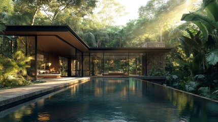 Obraz premium Modern Tropical Home with Infinity Pool and Lush Greenery