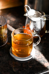 black tea in a glass cup