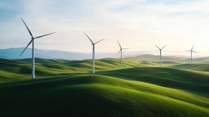 Wind turbines on green hills under a clear sky, symbolizing renewable energy and sustainable landscapes.