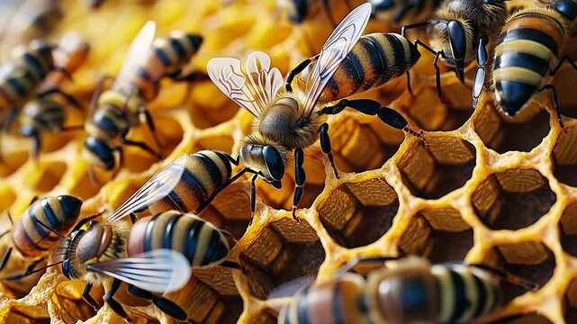 In a sunlit garden, honey bees are busily collecting nectar and pollen while constructing their intricate hexagonal honeycomb structure, showcasing the beauty of nature's teamwork.