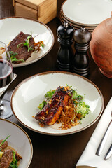 grilled ribs and caramelized onions