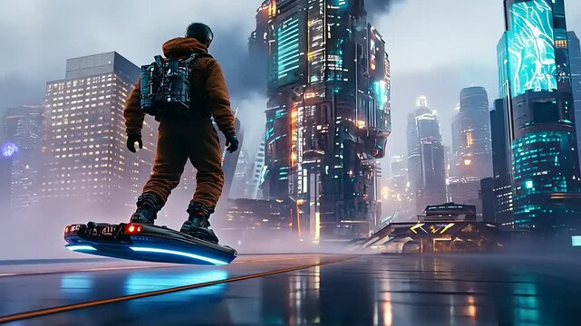 Futuristic scene of a person on a hoverboard in a neon-lit cityscape with towering skyscrapers