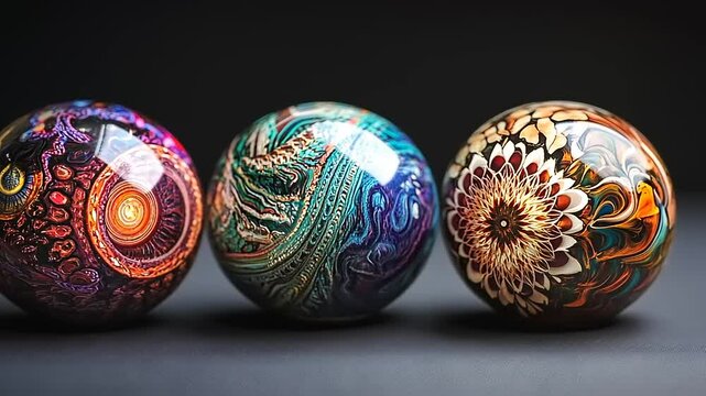 Three intricately designed glass marbles showcasing vibrant colors and patterns on a dark background