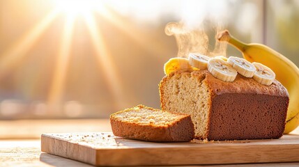 A freshly baked banana bread loaf with slices, topped with banana slices, emitting steam, set against a warm, sunlit background.