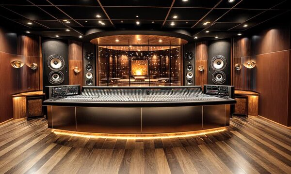 A luxuriously appointed recording studio showcases audio equipment, speakers, and a large mixing console.