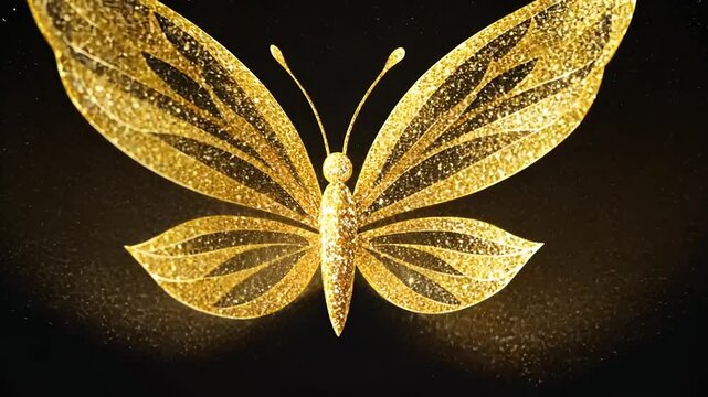 Golden glitter butterfly on black, sparkling background; design element