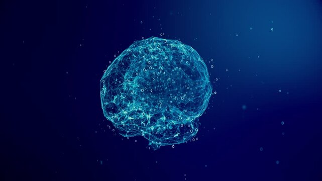 Digital brain surrounded by bytes particles