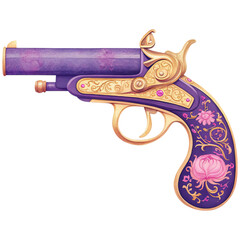 A decorative pistol featuring intricate gold and floral designs with a striking purple finish.