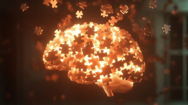 Human Brain Made of Puzzle Pieces with Floating Pieces