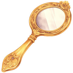 An ornate golden hand mirror featuring intricate floral designs and a circular reflective surface.