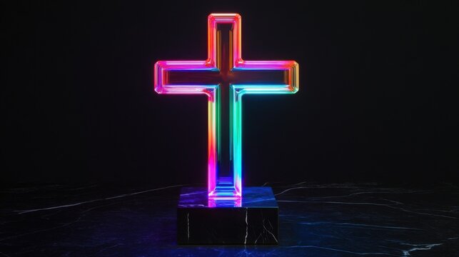 Illuminated Cross Sculpture on Marble Pedestal