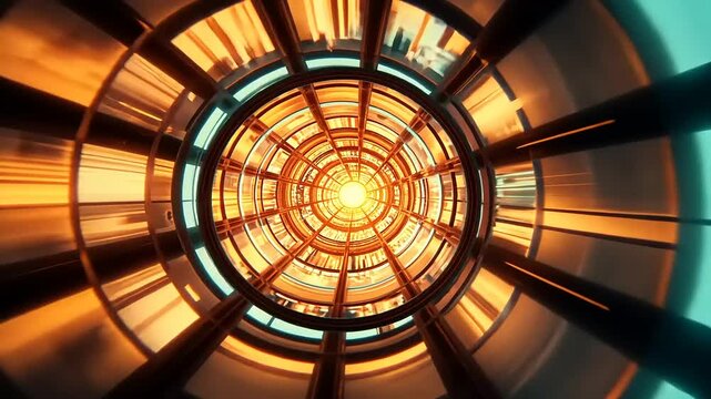 Abstract view of a vibrant circular tunnel with glowing center, showcasing dynamic lines and colors