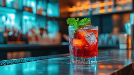 Glass of red drink on a stylish bar countertop with various cocktail recipes in the background