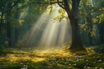 Obraz premium Serene forest panorama with sunbeams shining gently