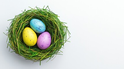 Obraz premium Nest with three eggs surrounded by mid-century modern easter home decorations