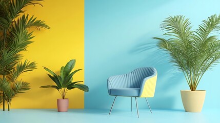 Obraz premium Blue armchair with plants, and yellow wall.