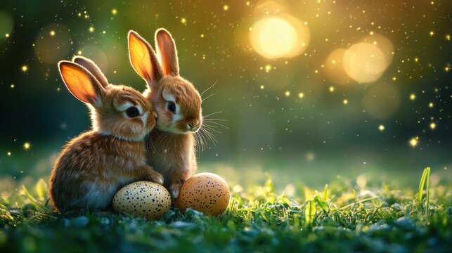 Rabbit and bunny sitting on grass field under easter night sky with constellation patterns of bunnies