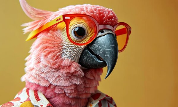 A pink parrot wearing orange sunglasses and a patterned shirt against a bright yellow background.