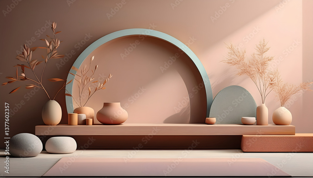 Poster a minimalist arrangement of vases and plants set against a warm, neutral backdrop, creating a serene