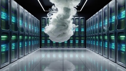 cloud computing solutions, A futuristic server room with glowing racks and a swirling cloud effect, creating a high-tech atmosphere.