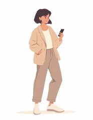 Minimalist Flat Illustration of a Woman Holding a Phone – Modern Female Lifestyle and Contemporary Issues Visual