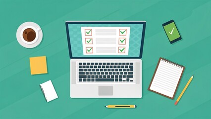 Productivity hacks, A workspace featuring a laptop with checklists, a coffee cup, sticky notes, a smartphone, and stationery, emphasizing productivity and organization.