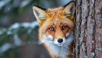 Obraz premium Red Fox Wildlife Portrait - Peeking From Tree in Snowy Scene - Made with Generative AI