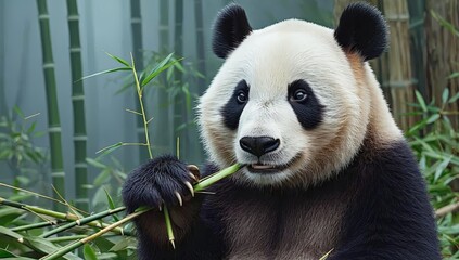Obraz premium Cute Giant Panda Looking at Camera While Eating Bamboo Shoot - Made with Generative AI